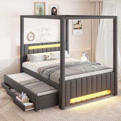 Lit double capitonné 140x200cm - Lit à baldaquin - Avec lit gigogne et 3 tiroirs - Éclairage LED - Gris (matelas non inclus)
