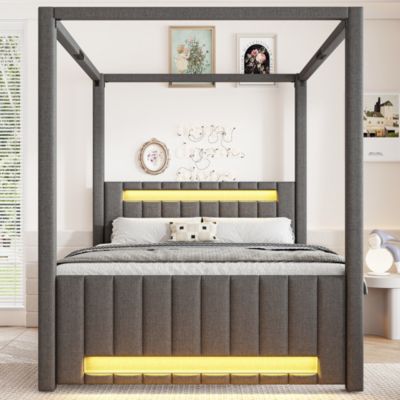 Lit double capitonné 140x200cm - Lit à baldaquin - Avec lit gigogne et 3 tiroirs - Éclairage LED - Gris (matelas non inclus)