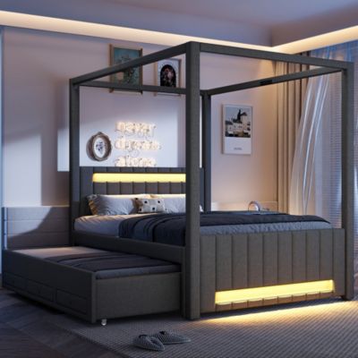Lit double capitonné 140x200cm - Lit à baldaquin - Avec lit gigogne et 3 tiroirs - Éclairage LED - Gris (matelas non inclus)