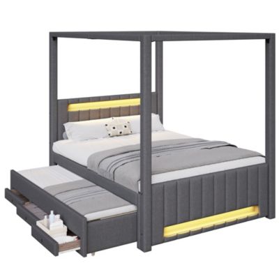 Lit double capitonné 140x200cm - Lit à baldaquin - Avec lit gigogne et 3 tiroirs - Éclairage LED - Gris (matelas non inclus)
