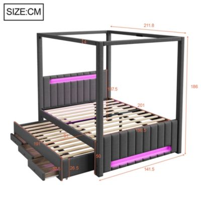 Lit double capitonné 140x200cm - Lit à baldaquin - Avec lit gigogne et 3 tiroirs - Éclairage LED - Gris (matelas non inclus)