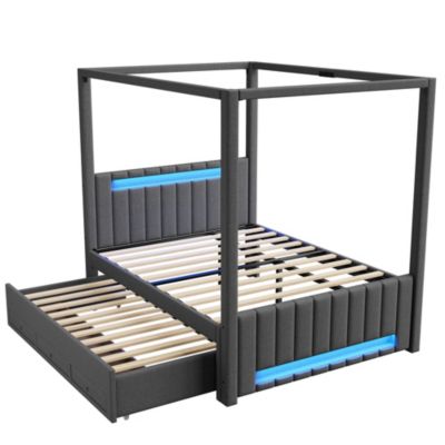 Lit double capitonné 140x200cm - Lit à baldaquin - Avec lit gigogne et 3 tiroirs - Éclairage LED - Gris (matelas non inclus)