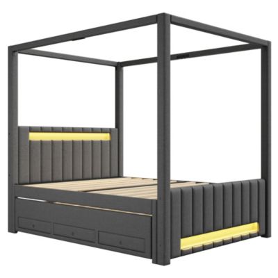 Lit double capitonné 140x200cm - Lit à baldaquin - Avec lit gigogne et 3 tiroirs - Éclairage LED - Gris (matelas non inclus)