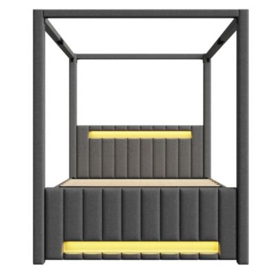 Lit double capitonné 140x200cm - Lit à baldaquin - Avec lit gigogne et 3 tiroirs - Éclairage LED - Gris (matelas non inclus)