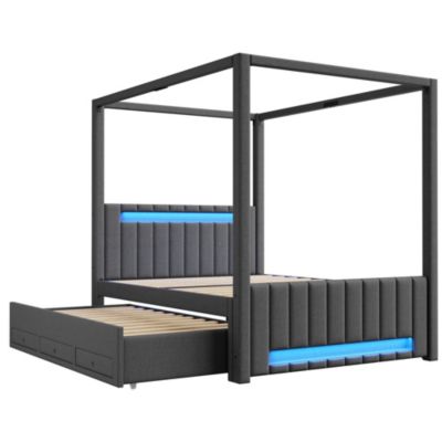 Lit double capitonné 140x200cm - Lit à baldaquin - Avec lit gigogne et 3 tiroirs - Éclairage LED - Gris (matelas non inclus)