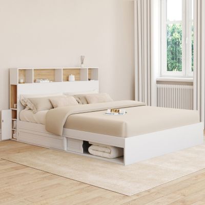 Lit double CLEM avec rangements + tête de lit et sommier 160 x 200 cm blanc et hêtre