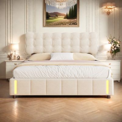 Lit double en velours beige 160x200cm avec rangement hydraulique et ...