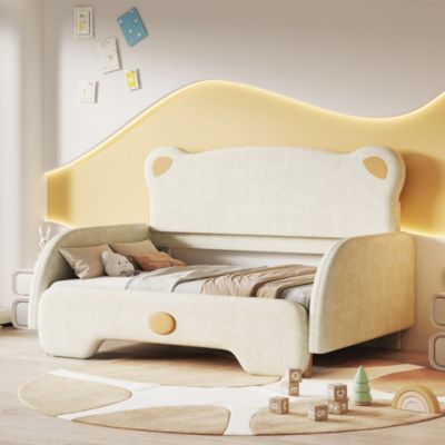 Lit Double enfant - Lit Double enfant Moderne en Forme d'Ours avec Matelas Inclus et Tissu Velours Confortable, 140x200 Cm, Beige
