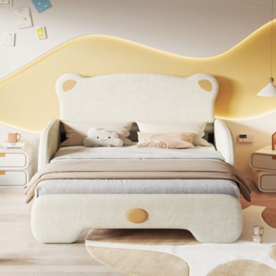 Lit Double enfant - Lit Double enfant Moderne en Forme d'Ours avec Matelas Inclus et Tissu Velours Confortable, 140x200 Cm, Beige