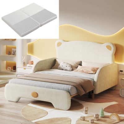 Lit Double enfant - Lit Double enfant Moderne en Forme d'Ours avec Matelas Inclus et Tissu Velours Confortable, 140x200 Cm, Beige