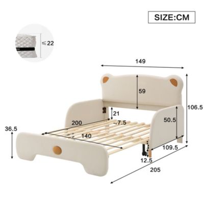 Lit Double enfant - Lit Double enfant Moderne en Forme d'Ours avec Matelas Inclus et Tissu Velours Confortable, 140x200 Cm, Beige