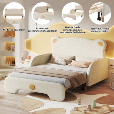 Lit Double enfant - Lit Double enfant Moderne en Forme d'Ours avec Matelas Inclus et Tissu Velours Confortable, 140x200 Cm, Beige