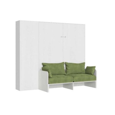 Lit Double Escamotable Kentaro 160 Cm Avec Canapé Et Colonne En Frêne Blanc Et Vert