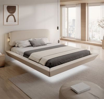 Lit double flottant - Cadre bois recouvert lin beige - LED intégrée & ports USB - Sommier à lattes - 2 places 180x200 cm