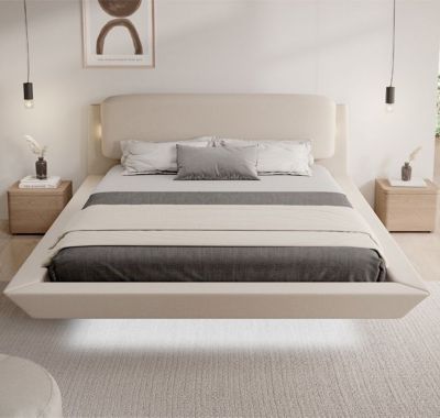 Lit double flottant - Cadre bois recouvert lin beige - LED intégrée & ports USB - Sommier à lattes - 2 places 180x200 cm
