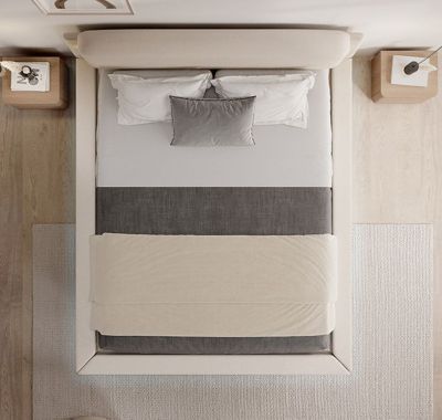 Lit double flottant - Cadre bois recouvert lin beige - LED intégrée & ports USB - Sommier à lattes - 2 places 180x200 cm