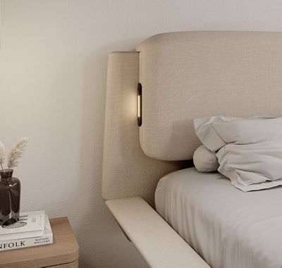 Lit double flottant - Cadre bois recouvert lin beige - LED intégrée & ports USB - Sommier à lattes - 2 places 180x200 cm