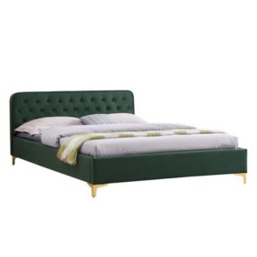 Lit double GLAMOUR couchage 140x190 cm, avec sommier et pieds en métal doré, style baroque, revêtement en velours capitonné vert