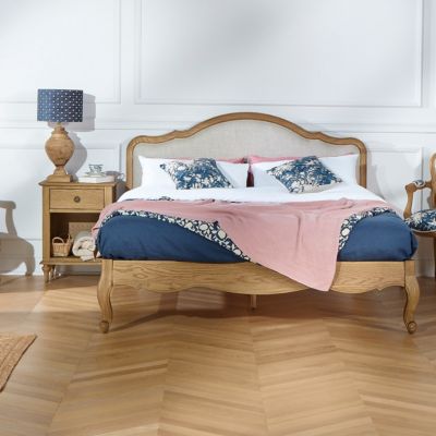 Lit double HENRY  Style romantique en chêne et lin premium 140 x 190
