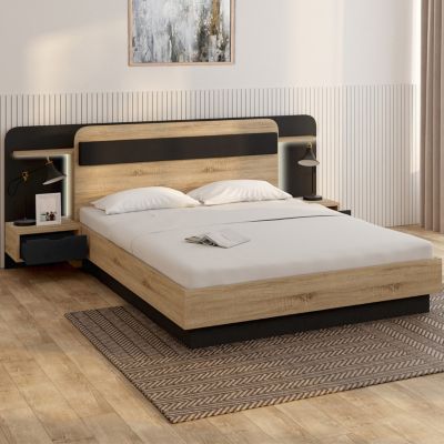Lit double NATHAN 140 x 190 cm avec tête de lit, chevets suspendus, étagère, LED et sommier bois et noir