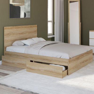Lit double OMAHA 4 tiroirs sur roulettes avec tête de lit et sommier 140 x 190 cm façon hêtre