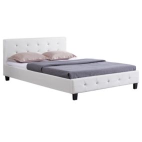 Lit double pour adulte JOSY avec sommier 140x190 cm 2 places, tête et pied de lit capitonnés avec strass, en synthétique blanc