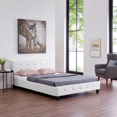 Lit double pour adulte JOSY avec sommier 140x190 cm 2 places, tête et pied de lit capitonnés avec strass, en synthétique blanc