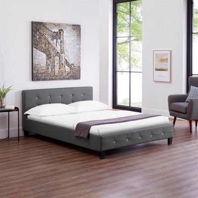 Lit double pour adulte JOSY avec sommier 140x190 cm 2 places, tête et pied de lit capitonnés avec strass, en synthétique gris