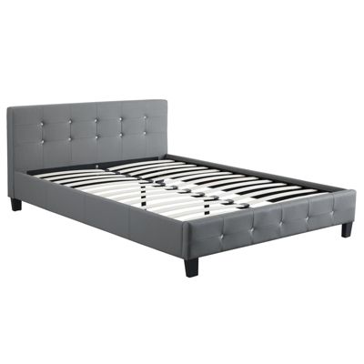 Lit double pour adulte JOSY avec sommier 140x190 cm 2 places, tête et pied de lit capitonnés avec strass, en synthétique gris