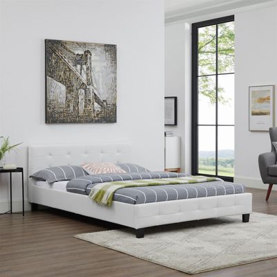 Lit double pour adulte MATHIEU avec sommier 140x190 cm 2 places / 2 personnes, tête et pied de lit capitonnés en synthétique blanc