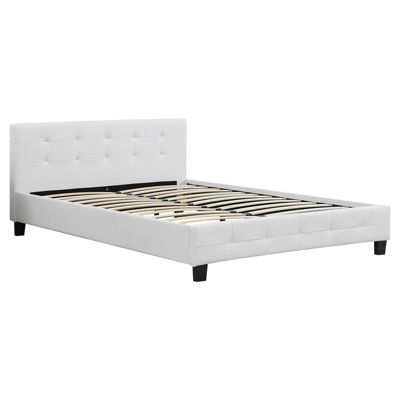 Lit double pour adulte MATHIEU avec sommier 140x190 cm 2 places / 2 personnes, tête et pied de lit capitonnés en synthétique blanc