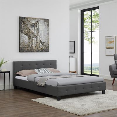 Lit double pour adulte MATHIEU avec sommier 140x190 cm 2 places / 2 personnes, tête et pied de lit capitonnés en synthétique gris