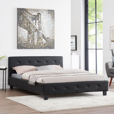 Lit double pour adulte MATHIEU avec sommier 140x190 cm 2 places / 2 personnes, tête et pied de lit capitonnés en synthétique noir