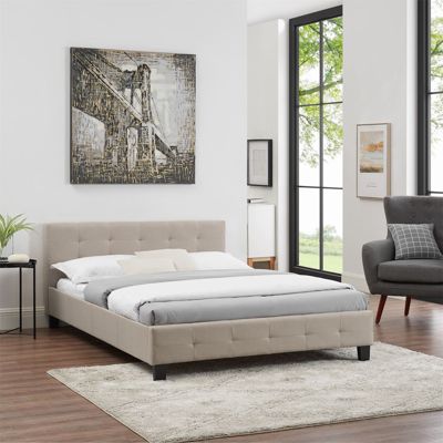 Lit double pour adulte MATHIEU avec sommier 140x190 cm 2 places / 2 personnes, tête et pied de lit capitonnés, en tissu beige