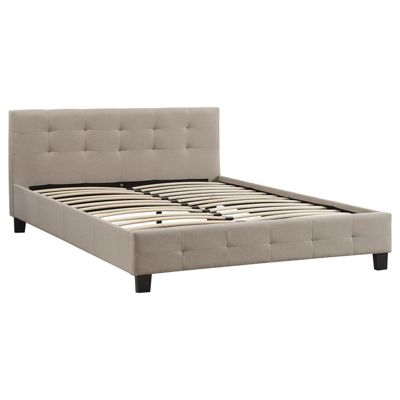 Lit double pour adulte MATHIEU avec sommier 140x190 cm 2 places / 2 personnes, tête et pied de lit capitonnés, en tissu beige