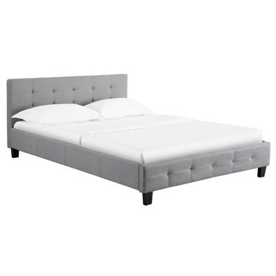 Lit double pour adulte MATHIEU avec sommier 140x190 cm 2 places / 2 personnes, tête et pied de lit capitonnés, en tissu gris