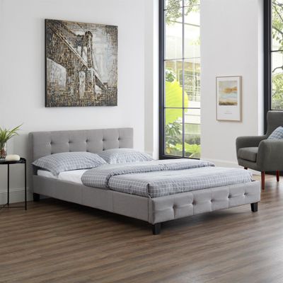 Lit double pour adulte MATHIEU avec sommier 140x190 cm 2 places / 2 personnes, tête et pied de lit capitonnés, en tissu gris