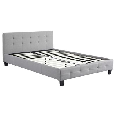 Lit double pour adulte MATHIEU avec sommier 140x190 cm 2 places / 2 personnes, tête et pied de lit capitonnés, en tissu gris