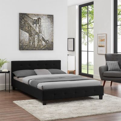 Lit double pour adulte MATHIEU avec sommier 140x190 cm 2 places / 2 personnes, tête et pied de lit capitonnés, en tissu noir