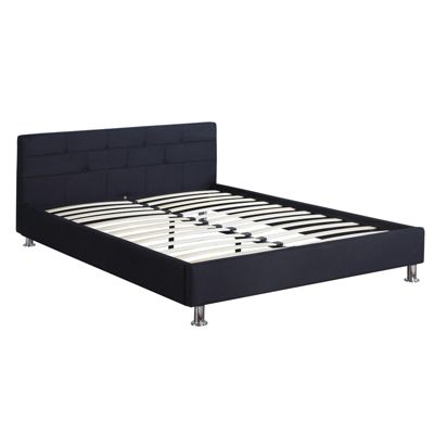 Lit double pour adulte NIZZA 140x190 cm 2 places / 2 personnes, avec sommier et pieds en métal chromé, tissu capitonné noir