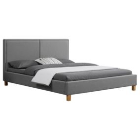 Lit double pour adulte SAMUEL queen size 160x200 cm 2 places / 2 personnes, avec sommier et tête de lit, en tissu gris