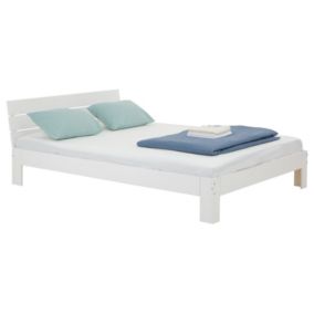 Lit double pour adulte THOMAS couchage 140 x 190 cm avec tête de lit, 2 places pour 2 personnes, en pin massif lasuré blanc