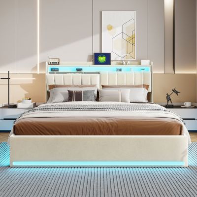 Lit capitonné, 140 x 200 cm, lit simple/double avec 4 tiroirs, cadre de lit avec sommier à lattes et dossier, tête de lit réglable en hauteur, lit d'appoint, en velours (beige