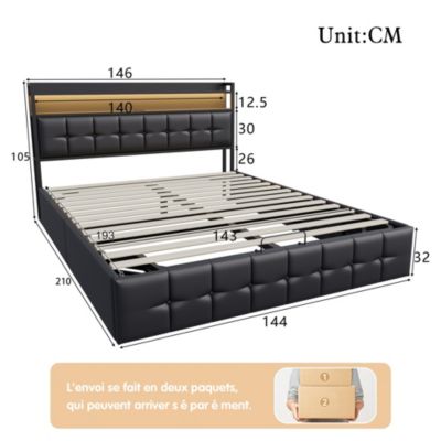 Lit Double 140x190 Cm Avec Coffre De Rangement Hydraulique - Tête De Lit Velours Haute 94.5 Cm - Style Chesterfield - Sommier à Lattes Inclus