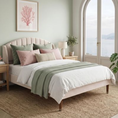 Lit Double Rembourré 140x190 cm en Velours Beige, Tête de Lit Confortable et Pieds en Bois, Style Scandinave, Sommier Inclus