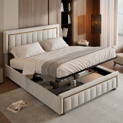 lit double rembourré 160 x 200,lit coffre avec sommier,lit adulte 160 x 200 avec levier hydraulique,velours,beige