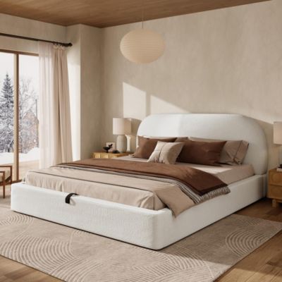 Lit double rembourré 180x200 cm, hydraulique, tête beige bouclé, rangement