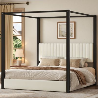 Lit double rembourré 180x200 cm - Lit à baldaquin - Avec baldaquin et tête de lit - Structure en métal - Beige+noir(sans matelas)