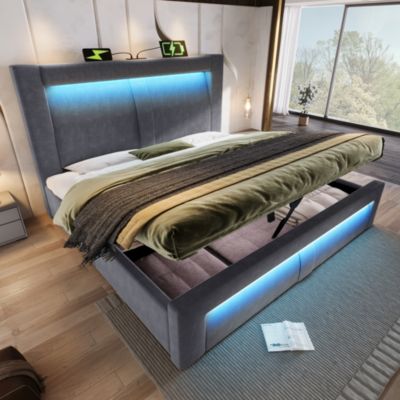 Lit double rembourré avec éclairage LED,ports USB+Type-C,lit coffre hydraulique,cadre de lit 180x200 cm,velours,gris