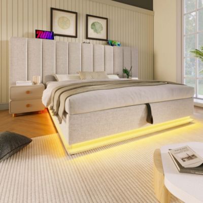 Lit double rembourré avec LED et USB+type-C,lit coffre hydraulique,cadre de lit 180x200cm avec sommier à lattes,lin,beige